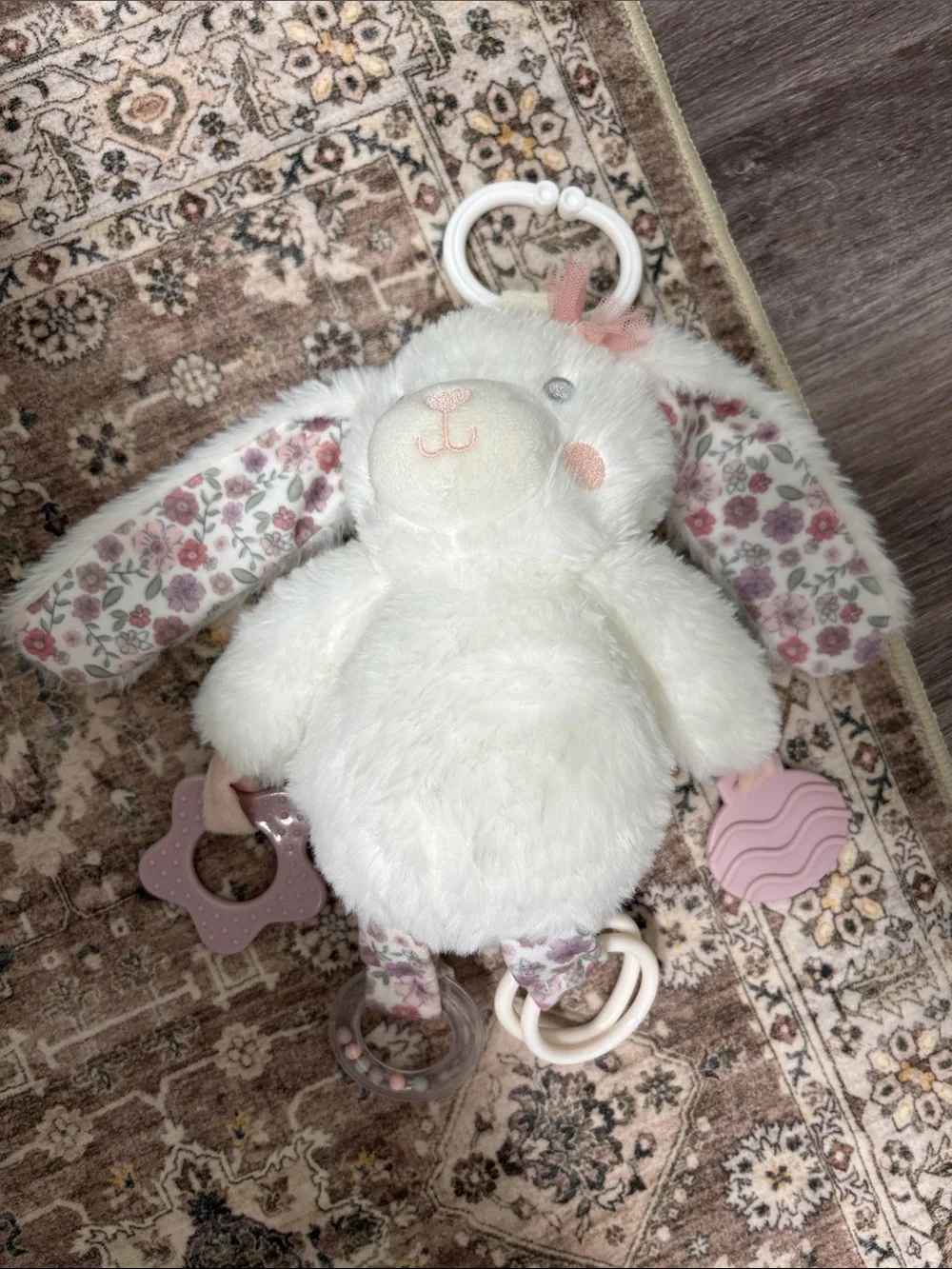 Plush White Bunny Rattle Toy with Pink Floral Ears - Picture 1 of 2